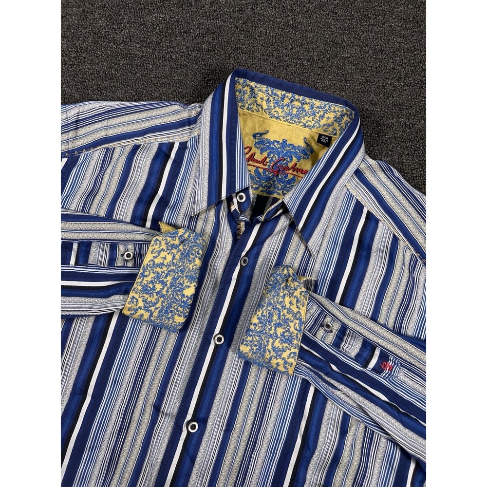 Robert Graham Shirt Men's Medium Blue Flip Cuff Floral Paisley Striped Dress